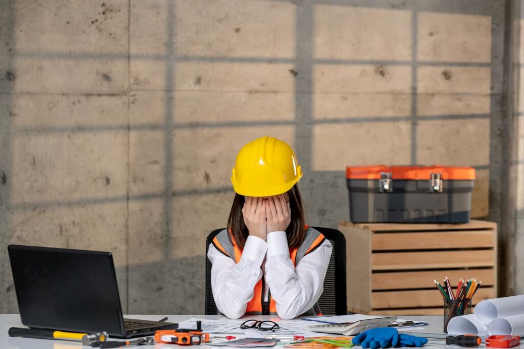 Femme qui à la tête dans les mains à son bureau et qui fait face à la complexité des travaux de rénovation.