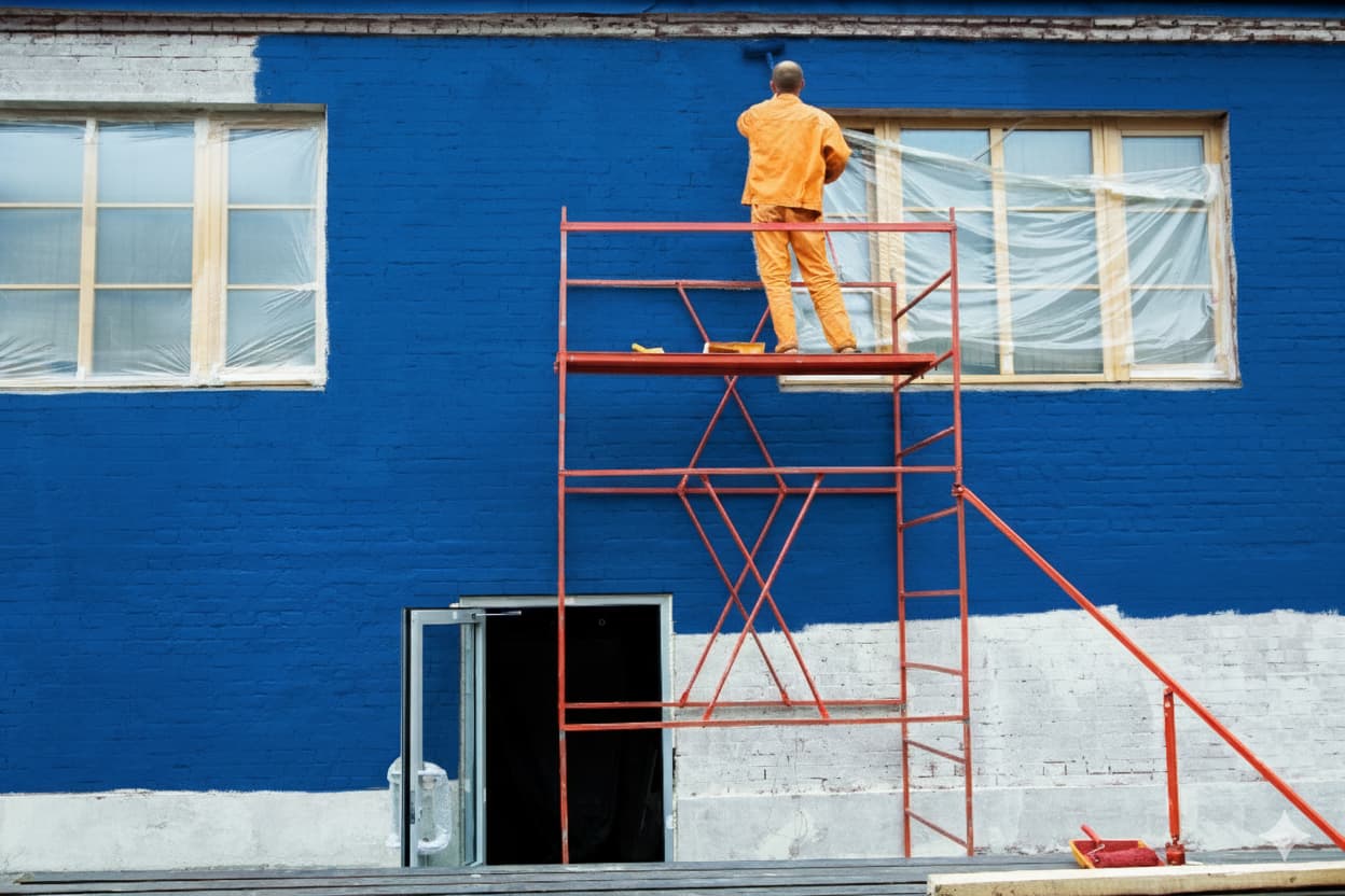 Peintre qui rénove la façade d'une maison en bleu